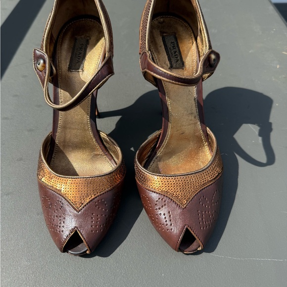 Vintage Prada Brown Leather T-Strap Heels - Picture 1 of 7